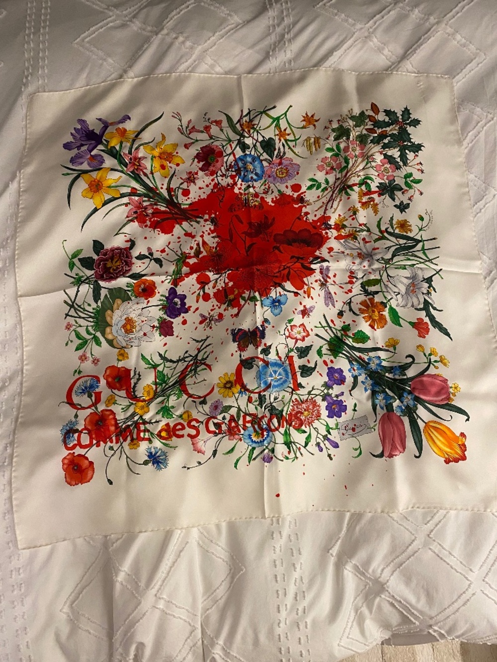 White Gucci x Comme Des Garcons Silk Scarf Square Limited Edition Collab NEW